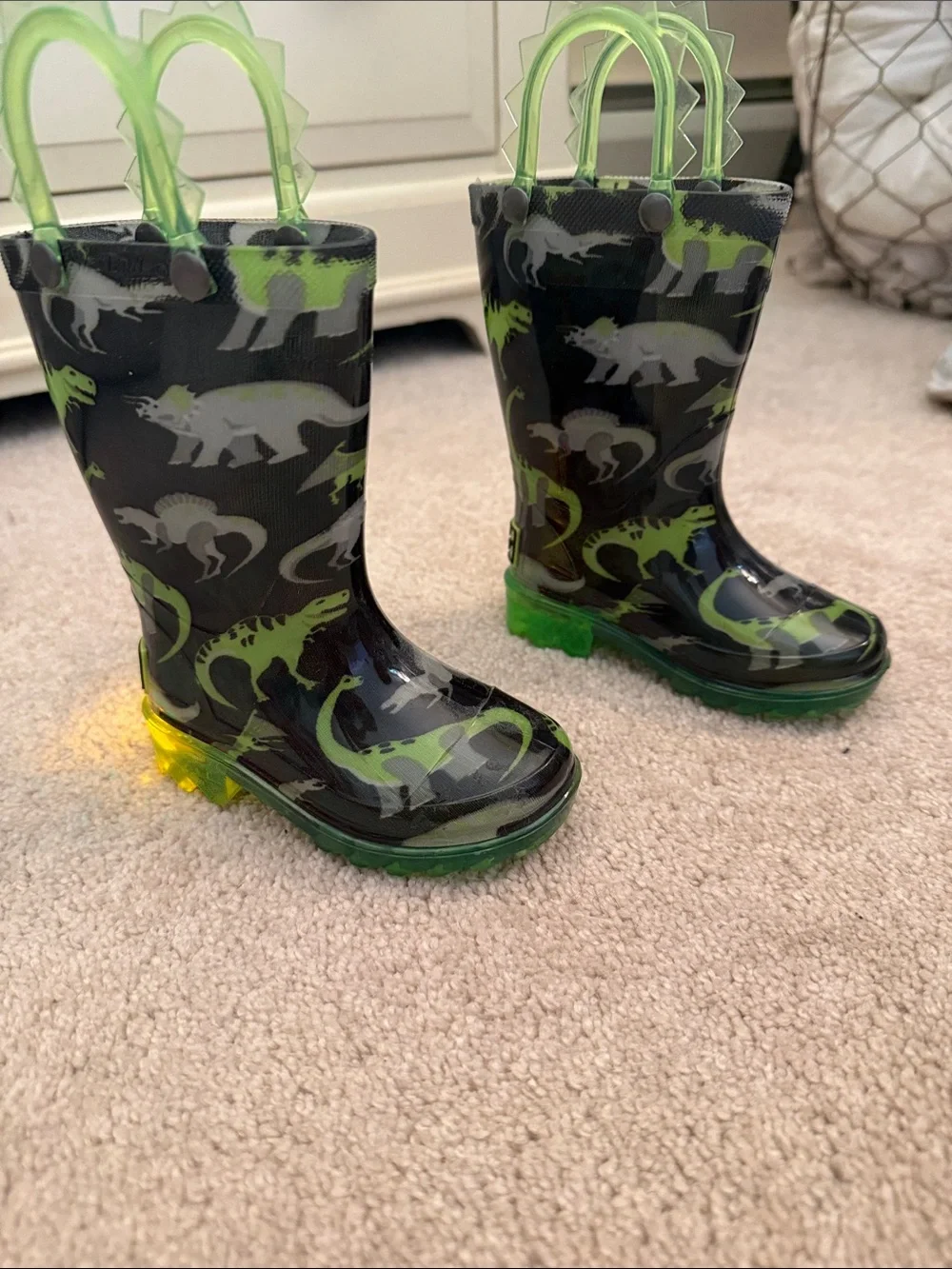 Western Chief Black & Green Dinosaur Kids Rain Boots with Spiked Handles